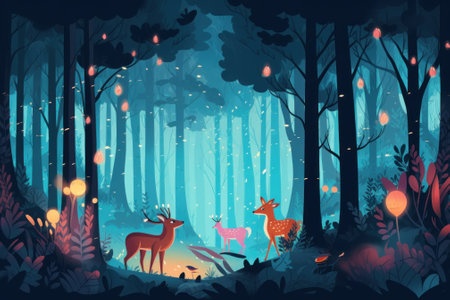 A couple of deer standing next to each other in a forest. Generative AI image.の素材