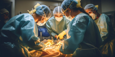 A group of surgeons performing surgery on a patient. Generative AI image.の素材