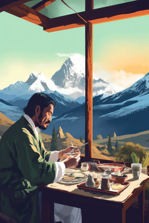 A man sitting at a table with a plate of food. Generative AI image.の素材