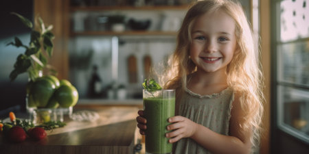 A little girl holding a glass of a green smoothie. Generative AI image.の素材