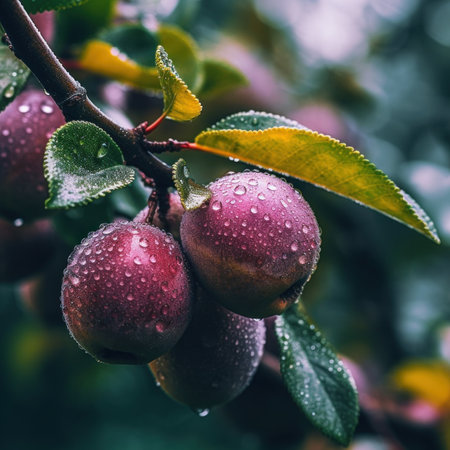 A bunch of plums hanging from a tree. Generative AI image.の素材