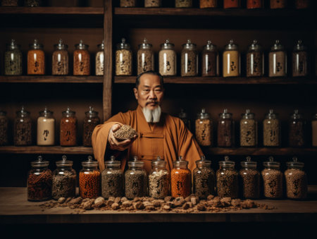 A man standing in front of a shelf filled with jars of food. Generative AI image.の素材