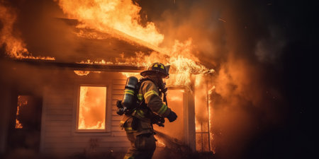 A firefighter in front of a house on fire. Generative AI image.の素材
