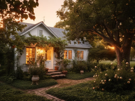A small white house with a garden and a pathway. Generative AI image.の素材
