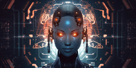 A woman with glowing eyes in front of a futuristic background. Generative AI image.の素材