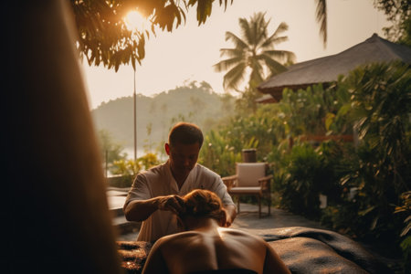 A man getting a massage at a resort. Generative AI image.の素材