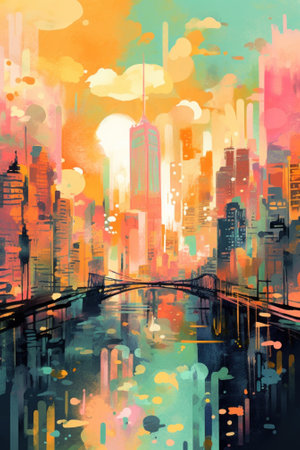 A painting of a cityscape with a river running through it. Generative AI image.の素材