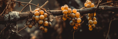 A bunch of grapes hanging from a tree branch. Generative AI image.の素材