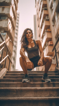 A woman squatting on a set of stairs. Generative AI image.の素材