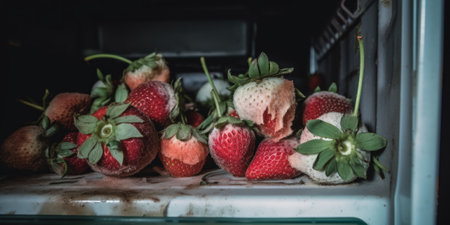 A bunch of strawberries sitting on top of a counter. Generative AI image.の素材