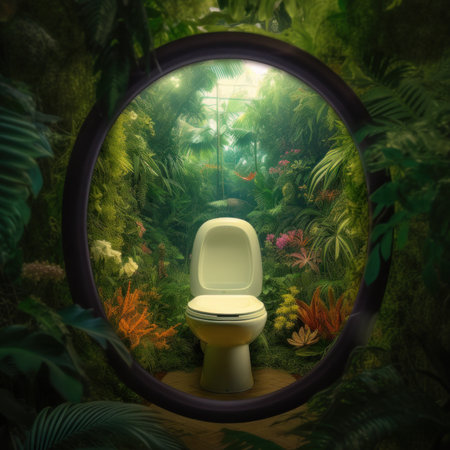 A toilet in the middle of a jungle filled with plants. Generative AI image.の素材