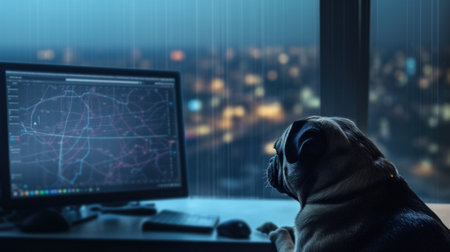 A dog sitting in front of a computer monitor. Generative AI image.の素材