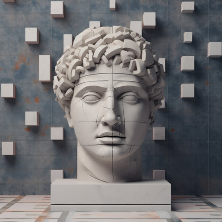 A sculpture of a mans head with a grid of cubes in the background. Generative AI image.の素材