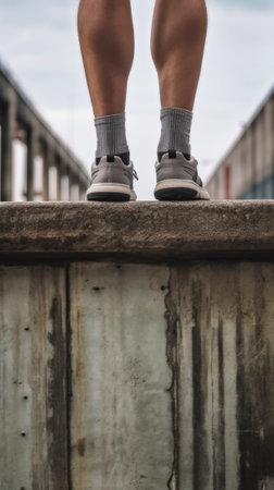 A person standing on top of a cement wall. Generative AI image.の素材