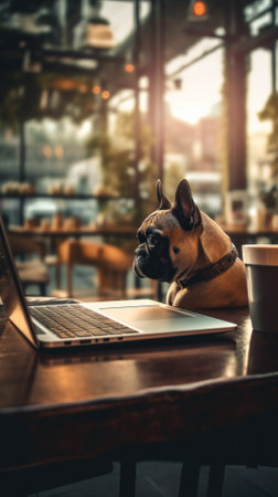 A dog laying on a table next to a laptop. Generative AI image.の素材