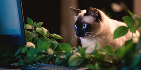 A siamese cat sitting in front of a computer monitor. Generative AI image.の素材