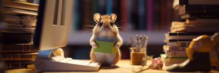 A mouse sitting on top of a desk next to a computer monitor. Generative AI image.の素材