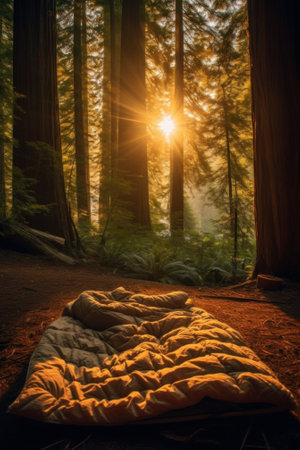A sleeping bag in the middle of a forest. Generative AI image.の素材