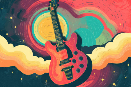A red guitar sitting on top of a colorful background. Generative AI image.の素材