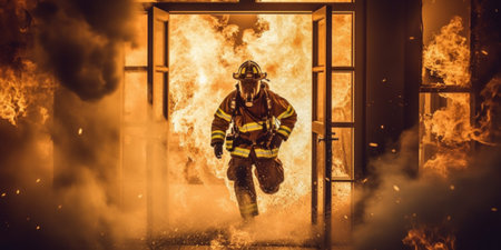A firefighter running out of a door with a fire in the background. Generative AI image.の素材