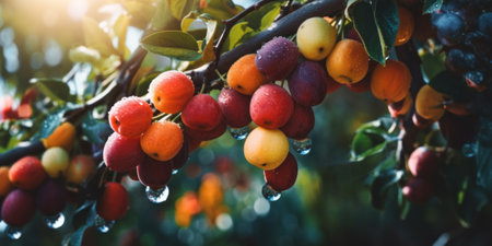 A close up of a bunch of fruit on a tree. Generative AI image.の素材
