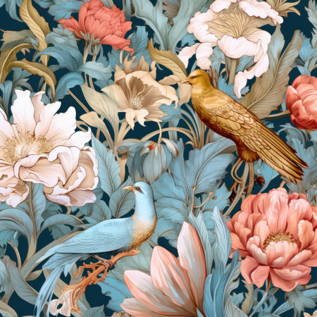 A bird sitting on top of a bunch of flowers. Generative AI image.の素材