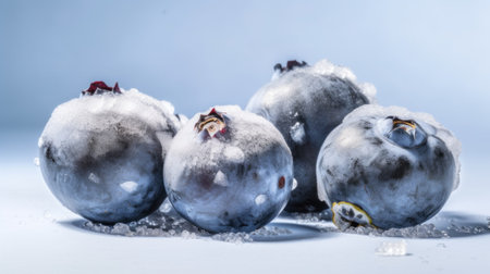 A group of blueberries sitting on top of snow covered ground. Generative AI image.の素材