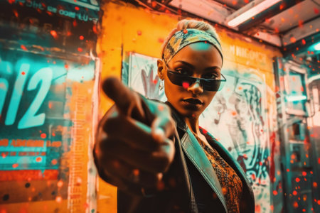 A woman in sunglasses pointing at the camera. Generative AI image.の素材