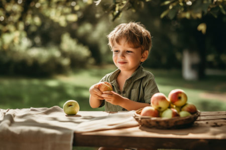 A little boy sitting at a table with apples. Generative AI image.の素材
