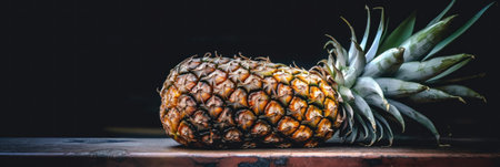 A pineapple sitting on top of a wooden table. Generative AI image.の素材