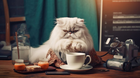A white cat sitting on top of a table next to a cup of coffee. Generative AI image.の素材