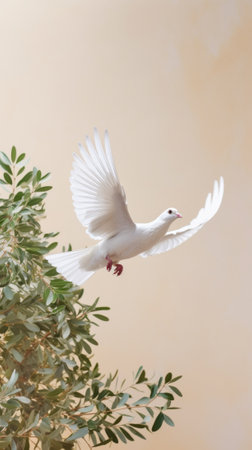 A white dove flying in the air over a tree. Generative AI image.の素材