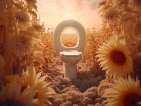 A toilet in the middle of a field of sunflowers. Generative AI image.の素材