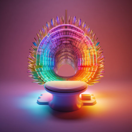 A toilet with a rainbow light coming out of it. Generative AI image.の素材