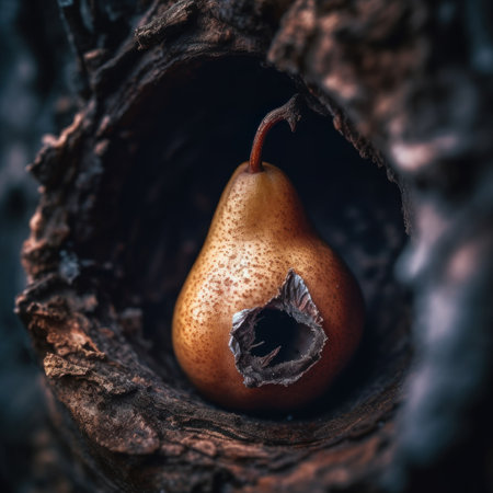 A pear sitting inside of a hollow in a tree. Generative AI image.の素材