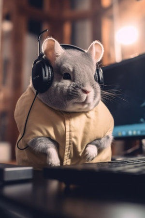 A gray chinie wearing headphones sitting on top of a computer keyboard. Generative AI image.の素材