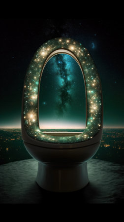 A toilet with a view of the night sky. Generative AI image.の素材