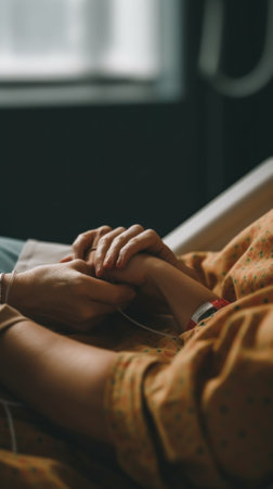 A person laying in a hospital bed holding their hands. Generative AI image.の素材