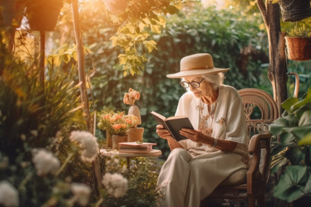 A woman sitting in a chair reading a book. Generative AI image.の素材