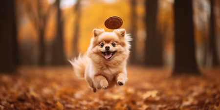 A dog jumping in the air with a coin in its mouth. Generative AI image.の素材