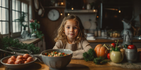 A little girl sitting at a table with a bowl of vegetables. Generative AI image.の素材