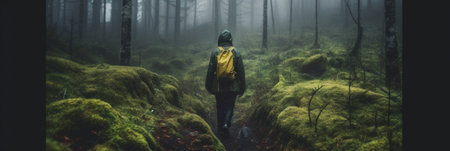 A person in a yellow jacket standing in a forest. Generative AI image.の素材