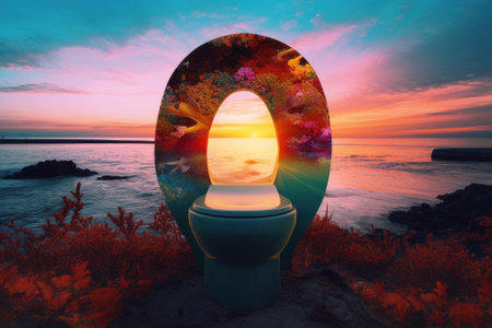 A toilet sitting on top of a beach next to a body of water. Generative AI image.の素材