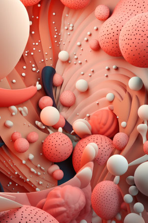 A bunch of pink and white balls floating in the air. Generative AI image.の素材