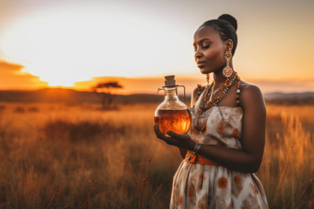 A woman standing in a field holding a bottle. Generative AI image.の素材
