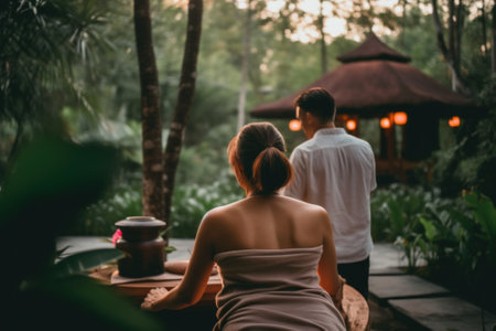 A man and a woman standing in front of a gazebo. Generative AI image.の素材