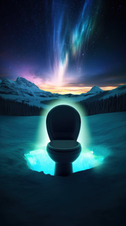 A toilet sitting in the middle of a snow covered field. Generative AI image.の素材