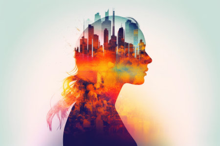A woman with a city in the background. Generative AI image.の素材