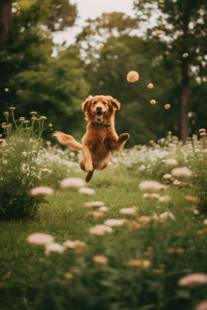 A dog jumping up in the air to catch a ball. Generative AI image.の素材