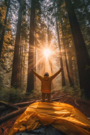 A man standing in the woods with his arms raised. Generative AI image.の素材